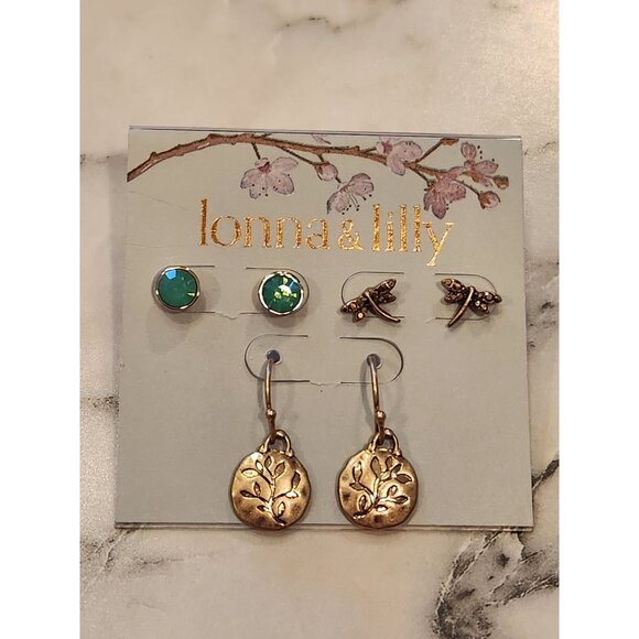 Lonna & Lilly 3-Pair Earrings Set - Green Studs Dragonfly & Gold Drop Earrings - Picture 1 of 9
